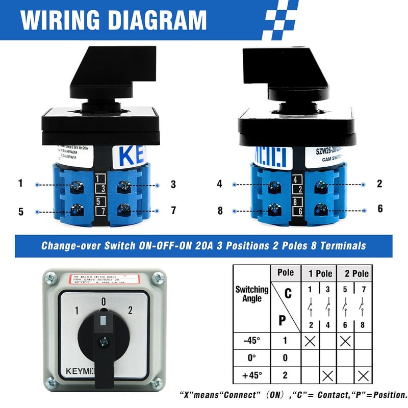 Keymoo 20A Rotary Changeover Switch with Exterior Box, ON-Off-ON 660V Latching Universal Selector Switch, IP65 (3 Positions 2 Poles) - Image 5